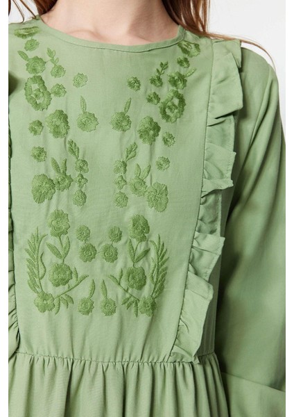 Yeni Regular Casual Günlük Chambre Dokuma Bisiklet Yaka Uzun Kol A-Line Maxi Boy Tesettür Elbise fırsatları