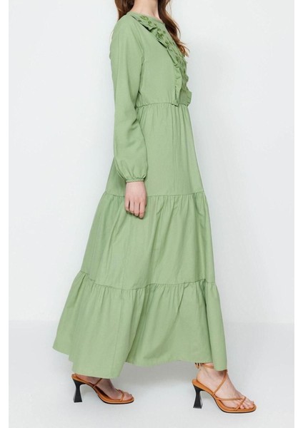 Yeni Regular Casual Günlük Chambre Dokuma Bisiklet Yaka Uzun Kol A-Line Maxi Boy Tesettür Elbise indirimleri