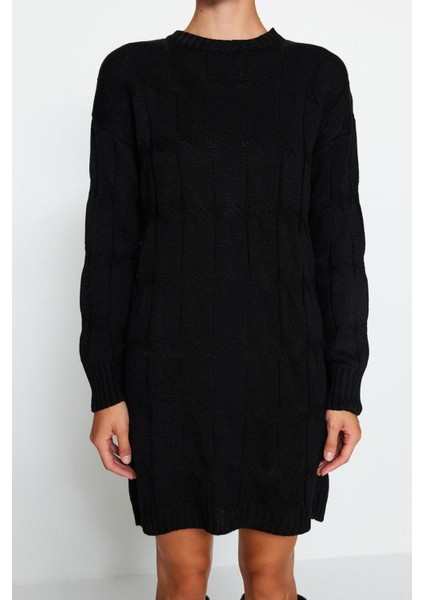 Yeni Oversize Casual Günlük Çift Plaka Triko Bisiklet Yaka Uzun Kol Shift Mini Boy Elbise