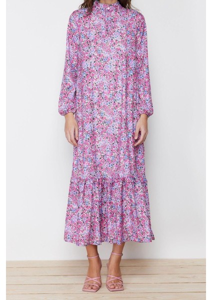 Yeni Regular Casual Günlük Queen Crep Dokuma Dik Yaka Uzun Kol A-Line Maxi Boy Tesettür Elbise