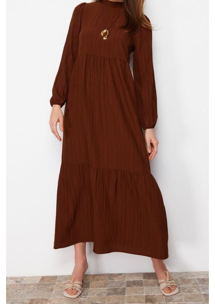 Yeni Rahat Casual Günlük Crinkle Dokuma Dik Yaka Uzun Kol A-Line Maxi Boy Tesettür Elbise modelleri
