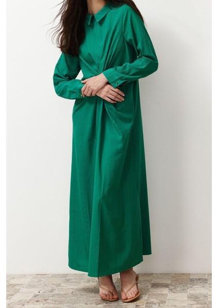 Yeni Regular Casual Günlük Crinkle Dokuma Gömlek Yaka Uzun Kol Shift Maxi Boy Tesettür Elbise