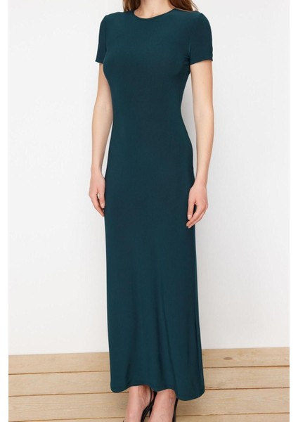 Yeni Slim Casual Günlük Kalın Sandy Örme Bisiklet Yaka Kısa Kol Bodycone Maxi Boy Elbise