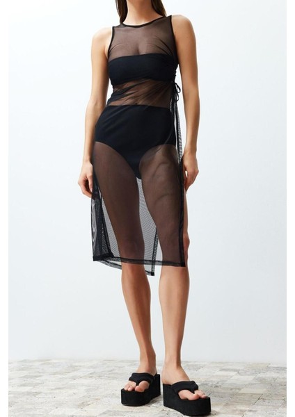 Yeni Fit Plaj Günlük Mesh Örme Kare Yaka Kolsuz Kol Bodycone Maxi Boy Elbise