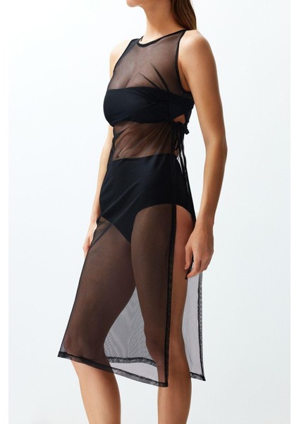 Yeni Fit Plaj Günlük Mesh Örme Kare Yaka Kolsuz Kol Bodycone Maxi Boy Elbise