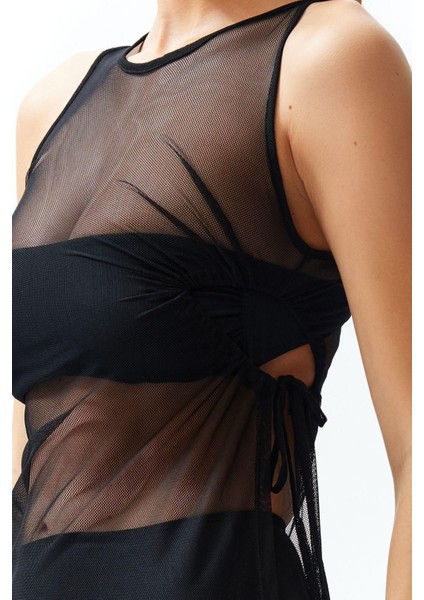 Yeni Fit Plaj Günlük Mesh Örme Kare Yaka Kolsuz Kol Bodycone Maxi Boy Elbise