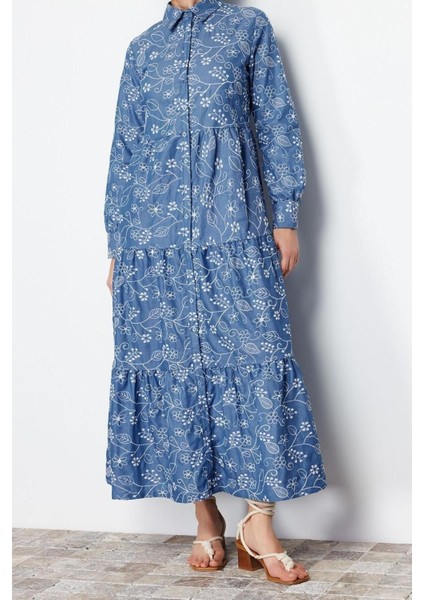 Yeni Gömlek Elbise Günlük Brode Dokuma Gömlek Yaka Uzun Kol Gömlek Elbise Maxi Boy Tesettür Elbise fiyatları