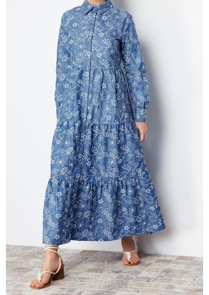 Yeni Gömlek Elbise Günlük Brode Dokuma Gömlek Yaka Uzun Kol Gömlek Elbise Maxi Boy Tesettür Elbise modelleri