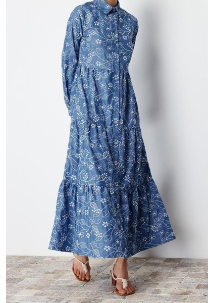 Yeni Gömlek Elbise Günlük Brode Dokuma Gömlek Yaka Uzun Kol Gömlek Elbise Maxi Boy Tesettür Elbise fırsatları