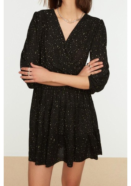 Yeni Regular Casual Günlük Polyester Kaşkorse Örme Kruvaze Truvakar Kol Kol Skater Mini Boy Elbise