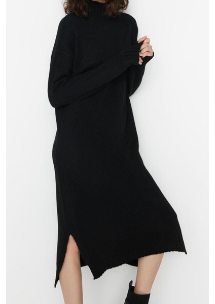 Yeni Oversize Casual Günlük Tek Plaka Triko Dik Yaka Uzun Kol Shift Midi Boy Elbise