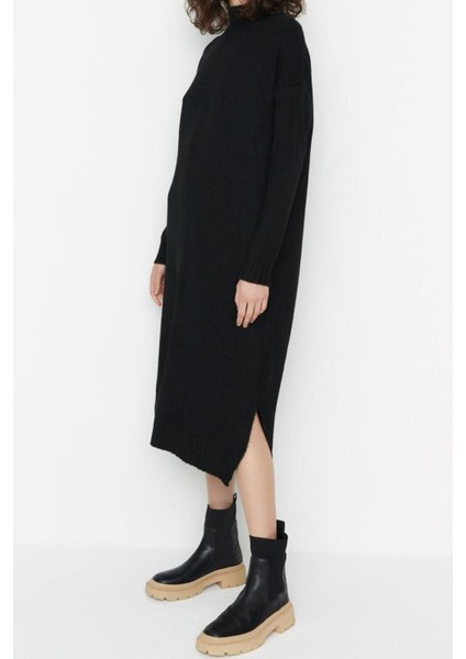 Yeni Oversize Casual Günlük Tek Plaka Triko Dik Yaka Uzun Kol Shift Midi Boy Elbise