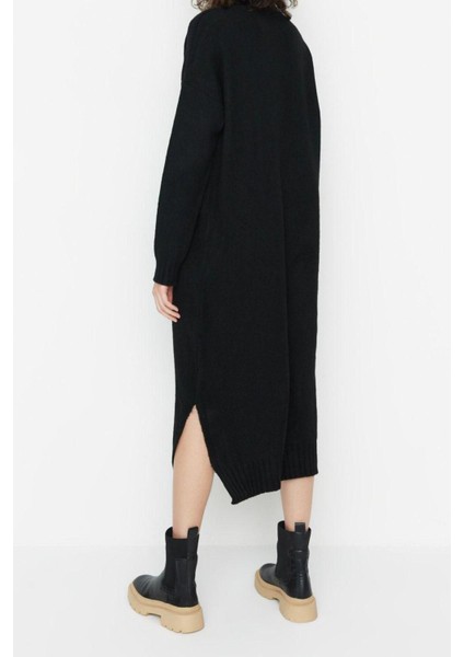 Yeni Oversize Casual Günlük Tek Plaka Triko Dik Yaka Uzun Kol Shift Midi Boy Elbise