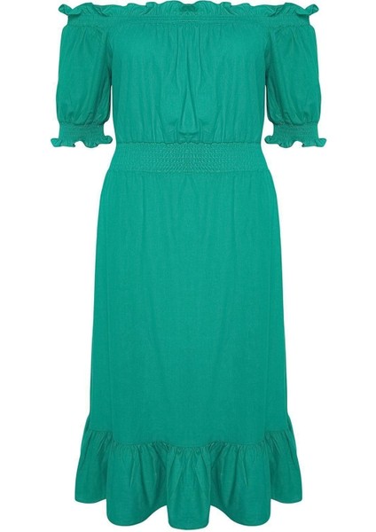 Yeni Rahat Casual Günlük Shally Dokuma Carmen Yaka Kısa Kol A-Line Midi Boy Büyük Beden Elbise