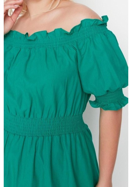 Yeni Rahat Casual Günlük Shally Dokuma Carmen Yaka Kısa Kol A-Line Midi Boy Büyük Beden Elbise fiyatları