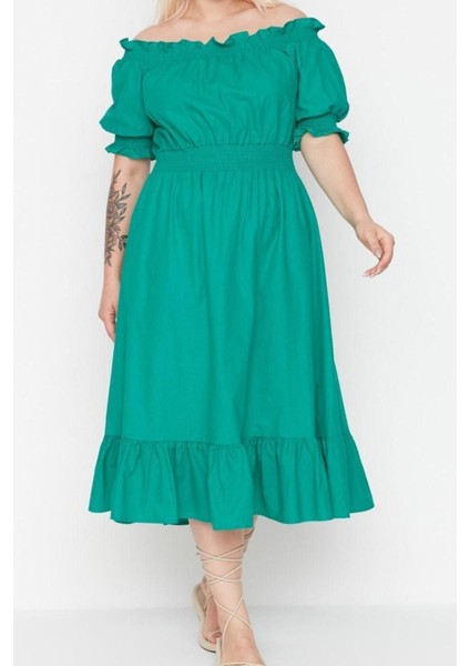 Yeni Rahat Casual Günlük Shally Dokuma Carmen Yaka Kısa Kol A-Line Midi Boy Büyük Beden Elbise modelleri