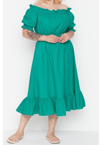 Yeni Rahat Casual Günlük Shally Dokuma Carmen Yaka Kısa Kol A-Line Midi Boy Büyük Beden Elbise indirimleri