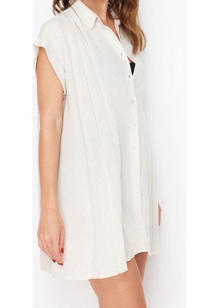 Yeni Rahat Plaj Günlük Mesh Dokuma Gömlek Yaka Kısa Kol Shift Mini Boy Elbise