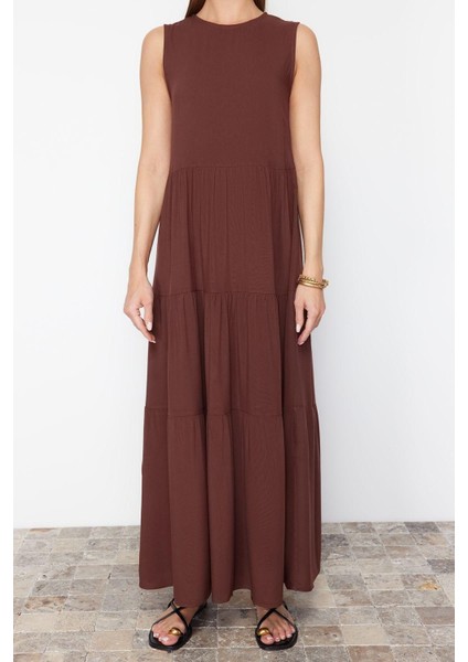 Yeni Regular Casual Günlük Shally Dokuma Bisiklet Yaka Kolsuz Kol Shift Maxi Boy Elbise