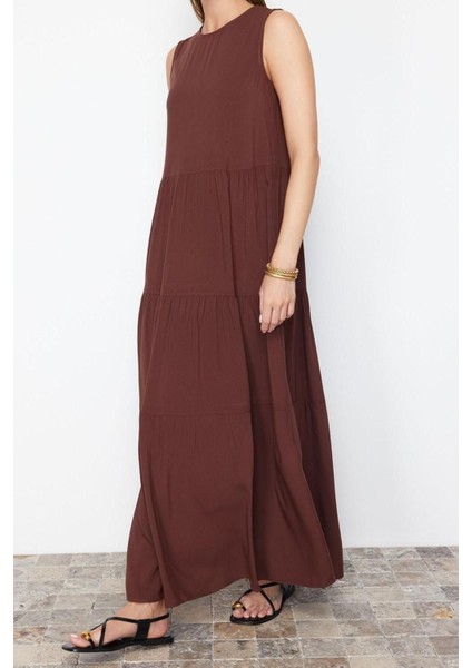 Yeni Regular Casual Günlük Shally Dokuma Bisiklet Yaka Kolsuz Kol Shift Maxi Boy Elbise