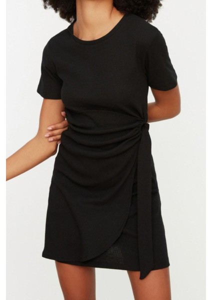Yeni Regular Casual Günlük Kaşkorse Örme Bisiklet Yaka Kısa Kol Anvelop Mini Boy Elbise