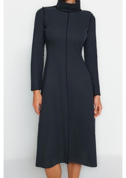 Yeni Regular Casual Günlük Selanik Örme Dik Yaka Uzun Kol A-Line Midi Boy Elbise