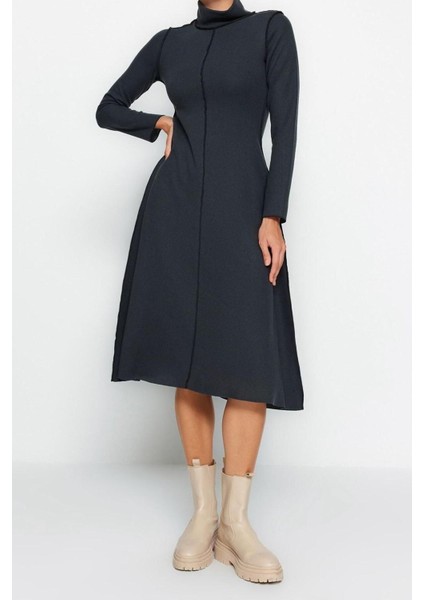 Yeni Regular Casual Günlük Selanik Örme Dik Yaka Uzun Kol A-Line Midi Boy Elbise fiyatları