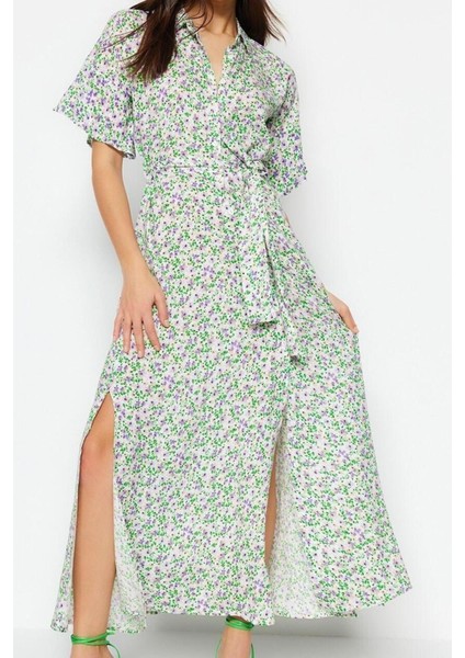 Yeni Regular Casual Günlük Shally Dokuma Gömlek Yaka Kısa Kol Gömlek Elbise Midi Boy Elbise
