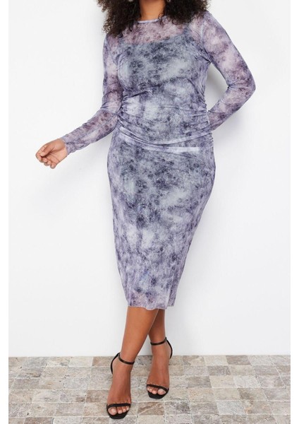 Yeni Fit Casual Günlük Tül Örme Bisiklet Yaka Uzun Kol Bodycone Midi Boy Büyük Beden Elbise fiyatları