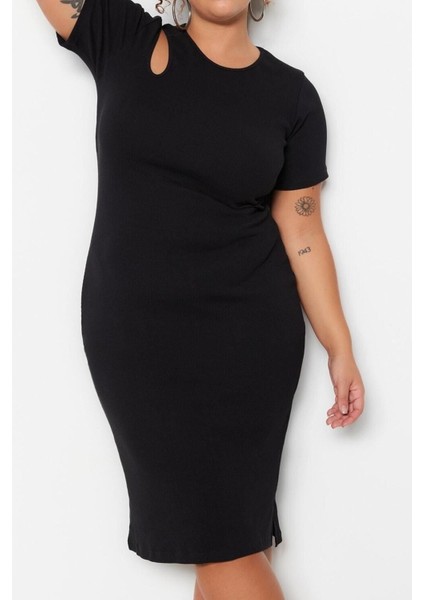 Yeni Fit Gündüz Gece Kaşkorse Örme Bisiklet Yaka Kısa Kol Bodycone Midi Boy Büyük Beden Elbise fiyatları