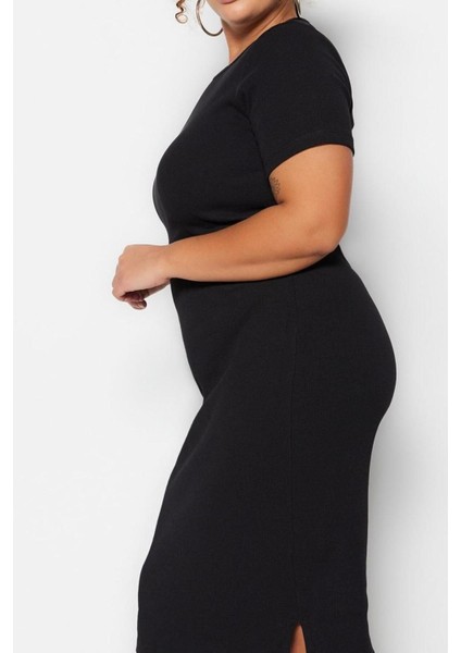 Yeni Fit Gündüz Gece Kaşkorse Örme Bisiklet Yaka Kısa Kol Bodycone Midi Boy Büyük Beden Elbise fırsatları