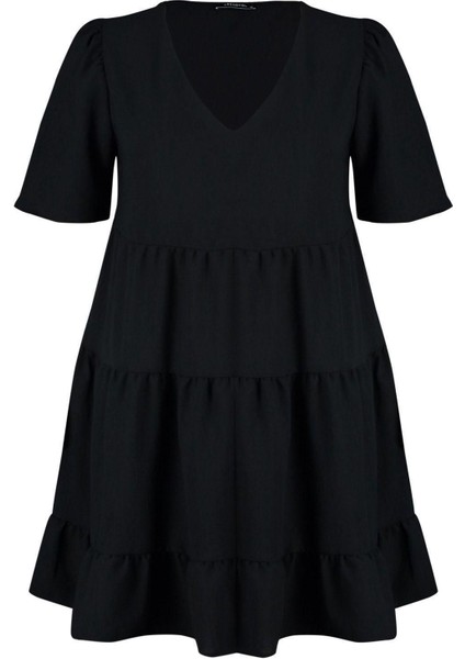 Yeni Rahat Casual Günlük Aerobin Dokuma V Yaka Kısa Kol Smock Mini Boy Büyük Beden Elbise