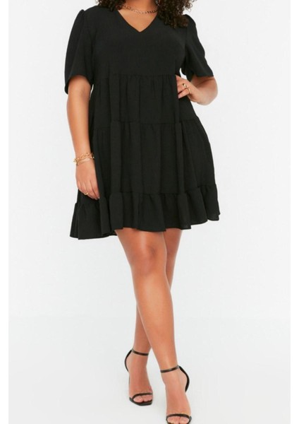 Yeni Rahat Casual Günlük Aerobin Dokuma V Yaka Kısa Kol Smock Mini Boy Büyük Beden Elbise modelleri