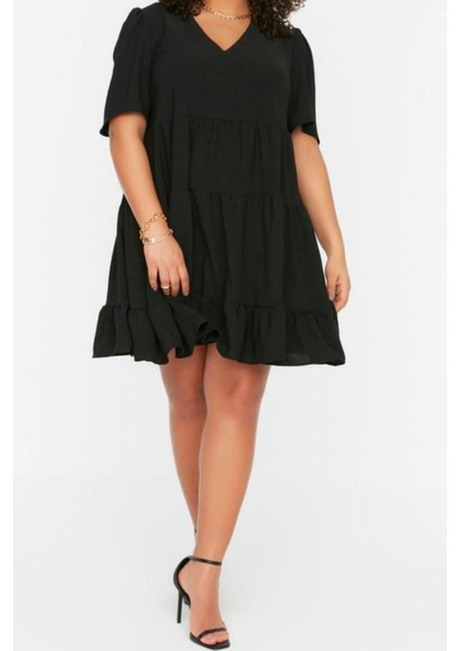 Yeni Rahat Casual Günlük Aerobin Dokuma V Yaka Kısa Kol Smock Mini Boy Büyük Beden Elbise indirimleri