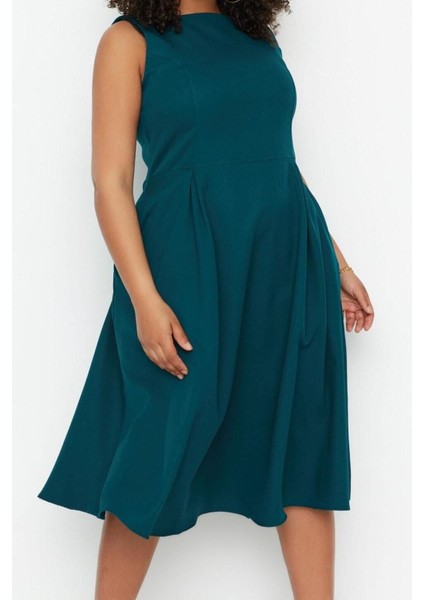 Yeni Rahat Gündüz Gece Krep Dokuma Bisiklet Yaka Askılı Kol A-Line Midi Boy Büyük Beden Elbise modelleri