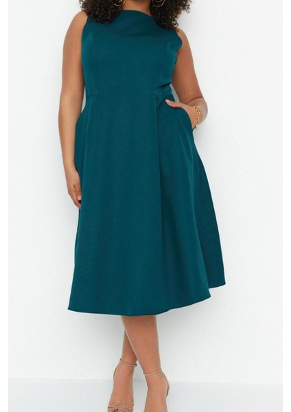 Yeni Rahat Gündüz Gece Krep Dokuma Bisiklet Yaka Askılı Kol A-Line Midi Boy Büyük Beden Elbise fırsatları