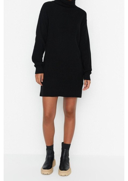 Yeni Oversize Casual Günlük Fitilli Triko Balıkçı Yaka Uzun Kol Kazak Elbise Mini Boy Elbise