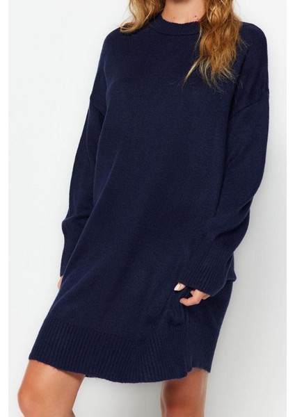 Yeni Oversize Casual Günlük Çift Plaka Triko Bisiklet Yaka Uzun Kol Shift Mini Boy Elbise