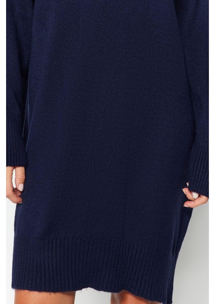 Yeni Oversize Casual Günlük Çift Plaka Triko Bisiklet Yaka Uzun Kol Shift Mini Boy Elbise
