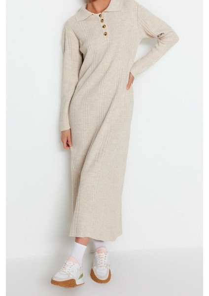 Yeni Regular Casual Günlük Ribana Kaşkorse Dokuma V Yaka Uzun Kol A-Line Midi Boy Tesettür Elbise modelleri