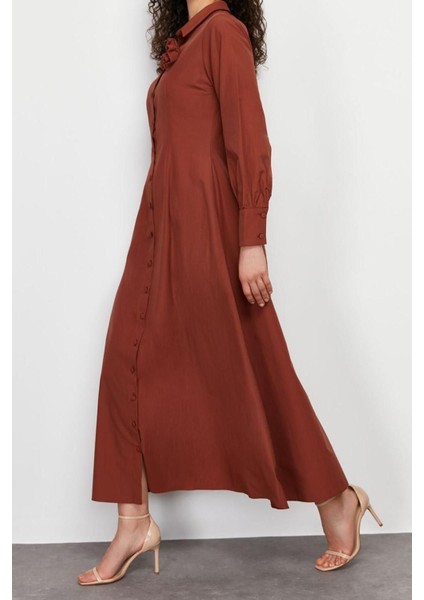 Yeni Regular Casual Günlük Poplin Dokuma Gömlek Yaka Uzun Kol A-Line Maxi Boy Tesettür Elbise fırsatları