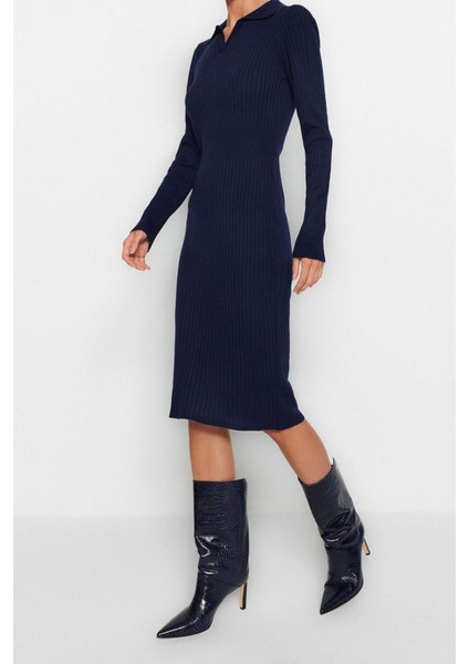 Yeni Slim Casual Günlük Fitilli Triko Polo Yaka Uzun Kol Bodycone Midi Boy Elbise fırsatları