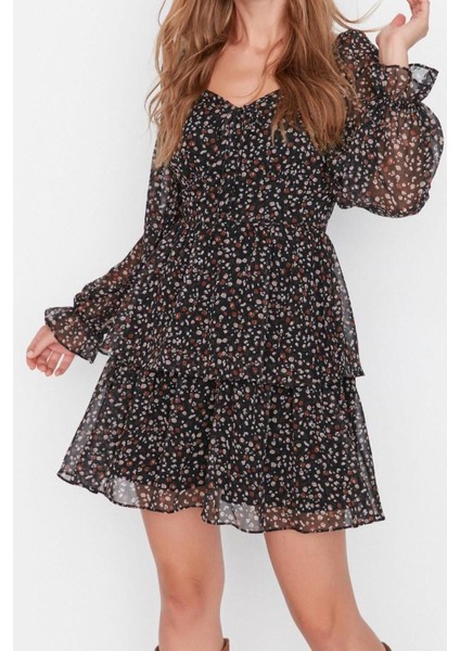 Yeni Regular Gündüz Gece Şifon Dokuma Kalp Yaka Uzun Kol Skater Mini Boy Elbise