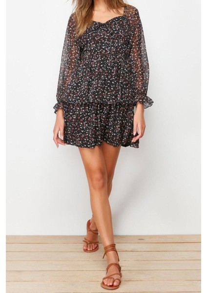 Yeni Regular Gündüz Gece Şifon Dokuma Kalp Yaka Uzun Kol Skater Mini Boy Elbise fırsatları