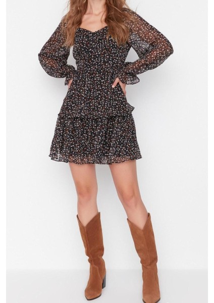 Yeni Regular Gündüz Gece Şifon Dokuma Kalp Yaka Uzun Kol Skater Mini Boy Elbise indirimleri