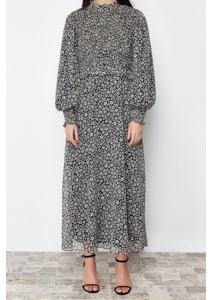 Yeni Regular Casual Günlük Şifon Dokuma Dik Yaka Uzun Kol A-Line Maxi Boy Tesettür Elbise