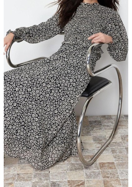 Yeni Regular Casual Günlük Şifon Dokuma Dik Yaka Uzun Kol A-Line Maxi Boy Tesettür Elbise fırsatları