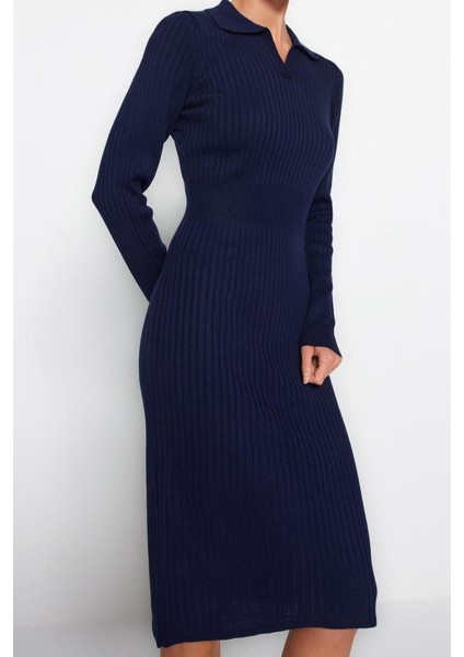 Yeni Slim Casual Günlük Fitilli Triko Polo Yaka Uzun Kol Bodycone Midi Boy Elbise fiyatları