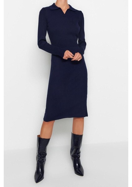 Yeni Slim Casual Günlük Fitilli Triko Polo Yaka Uzun Kol Bodycone Midi Boy Elbise modelleri