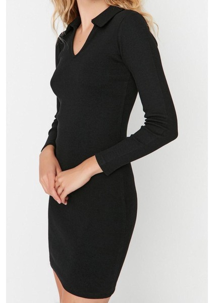Yeni Slim Casual Günlük Rejenere Kaşkorse Örme Polo Yaka Uzun Kol Bodycone Mini Boy Elbise
